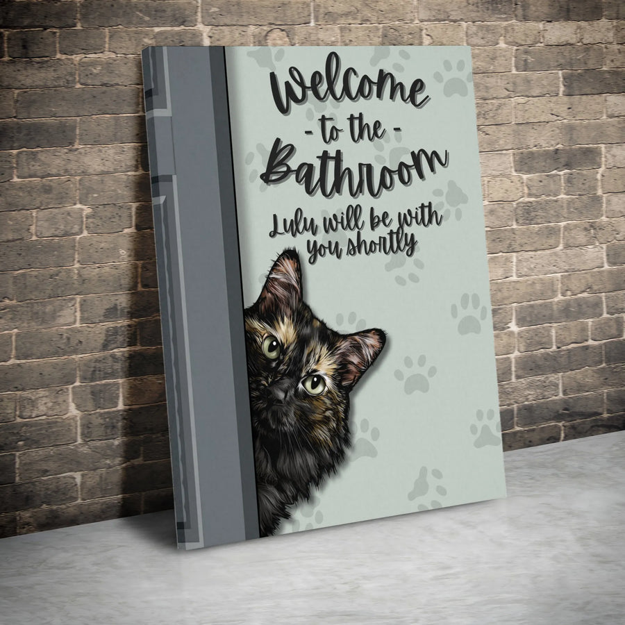 Tortoiseshell Cat Bathroom Wall Art | Funny Peeking Pet Quote Decor | Premium Gallery Wrap Canvas | Unique Gift For Cat Lovers