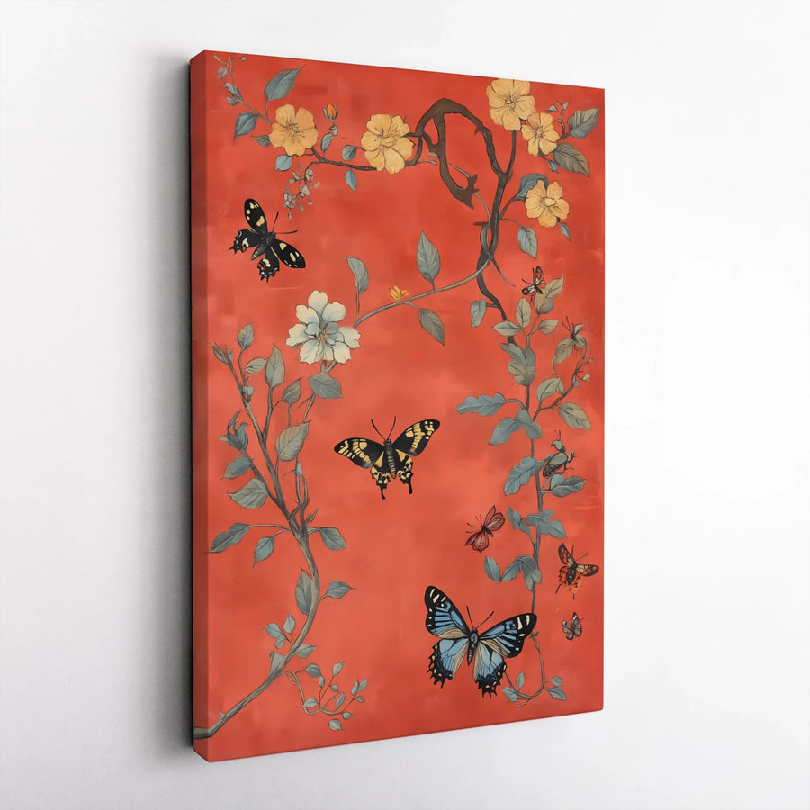 Vintage Butterfly Canvas Wall Art | Floral Botanical Red Illustration | Premium Gallery Wrap Print | Nature-Inspired Home Decor Gift