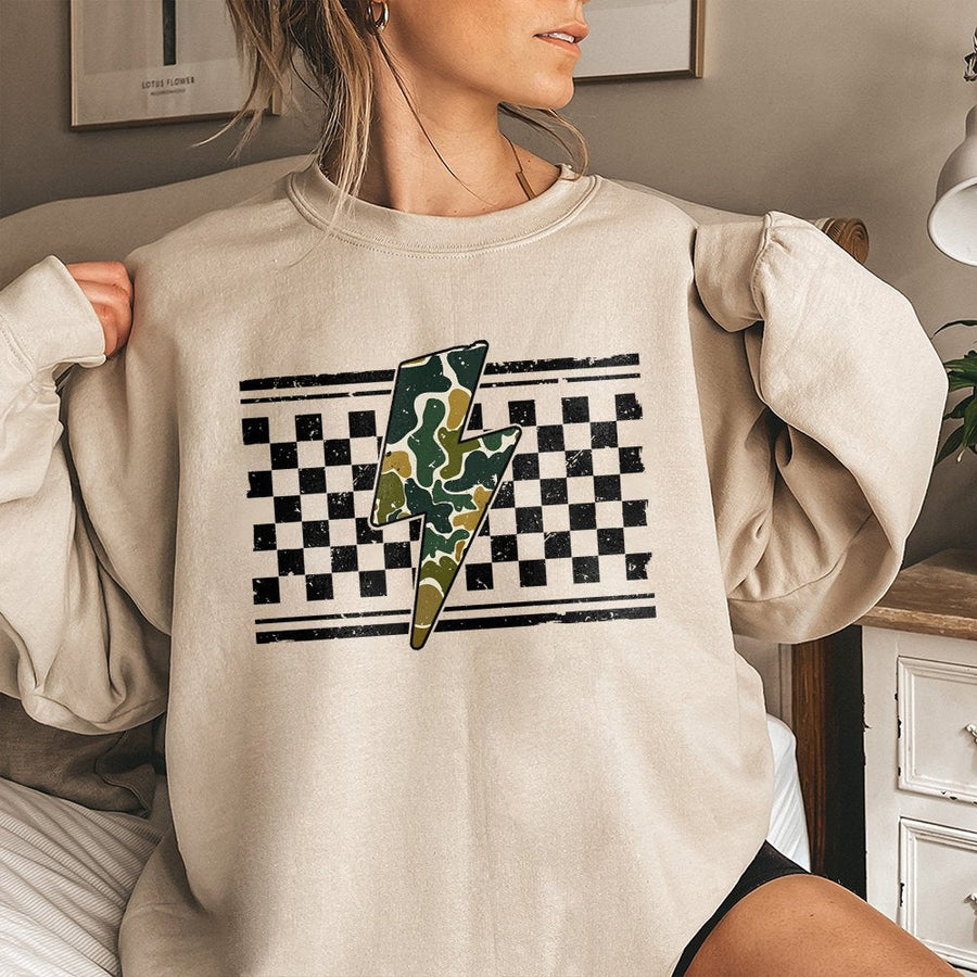 Camo Lightning Bolt Sweatshirt | Distressed Checkered Pattern Graphic | Soft Cotton Blend Unisex Pullover | Trendy Hunting Gift for Her