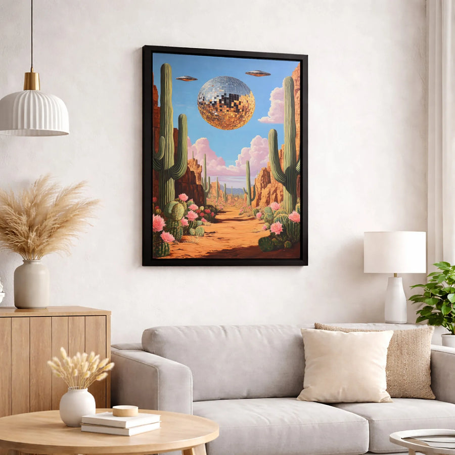 Desert Disco Ball Wall Art | Surreal UFO Cactus Landscape Print | Premium Gallery Canvas | Retro Sci-Fi Home Decor Gift