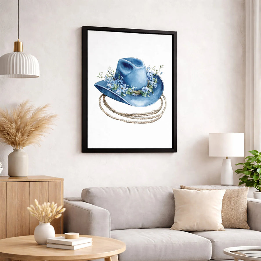 Western Cowboy Hat Canvas Print | Floral Blue Boho Cowgirl Art | Premium Fade-Resistant Gallery Wall Decor | Country Chic Home Gift
