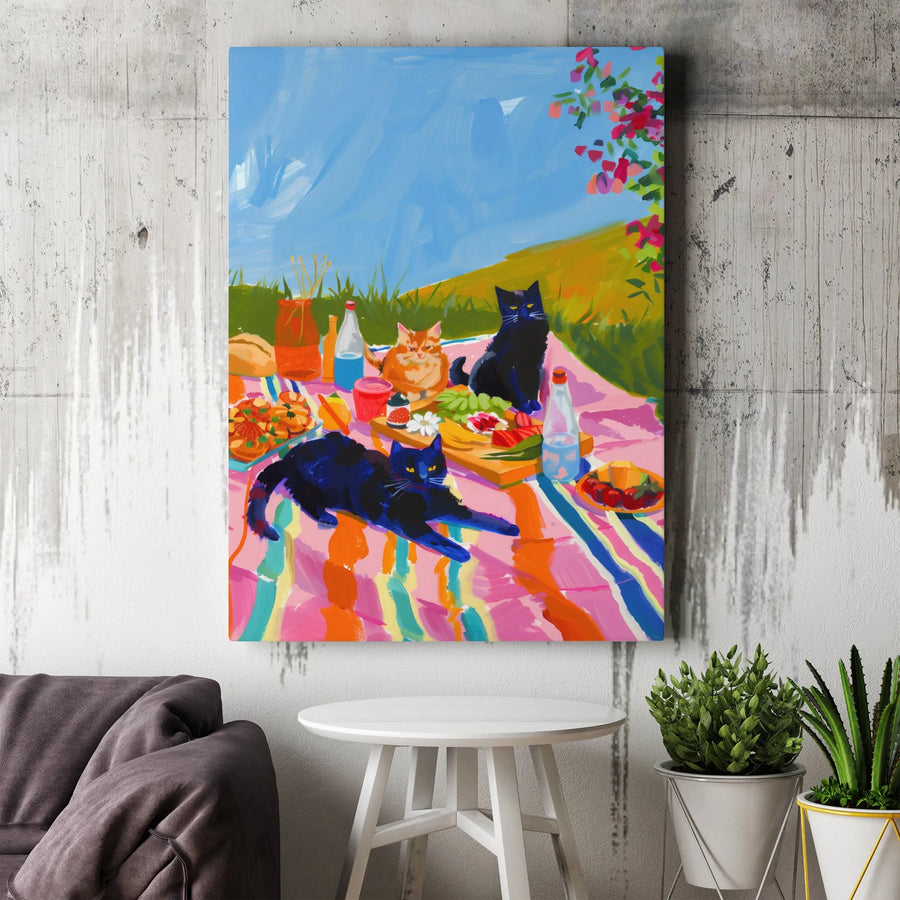 Cat Picnic Wall Art | Colorful Impressionist Style Painting | Premium 1.25-Inch Gallery Canvas | Cute Animal Decor Gift for Cat Lovers