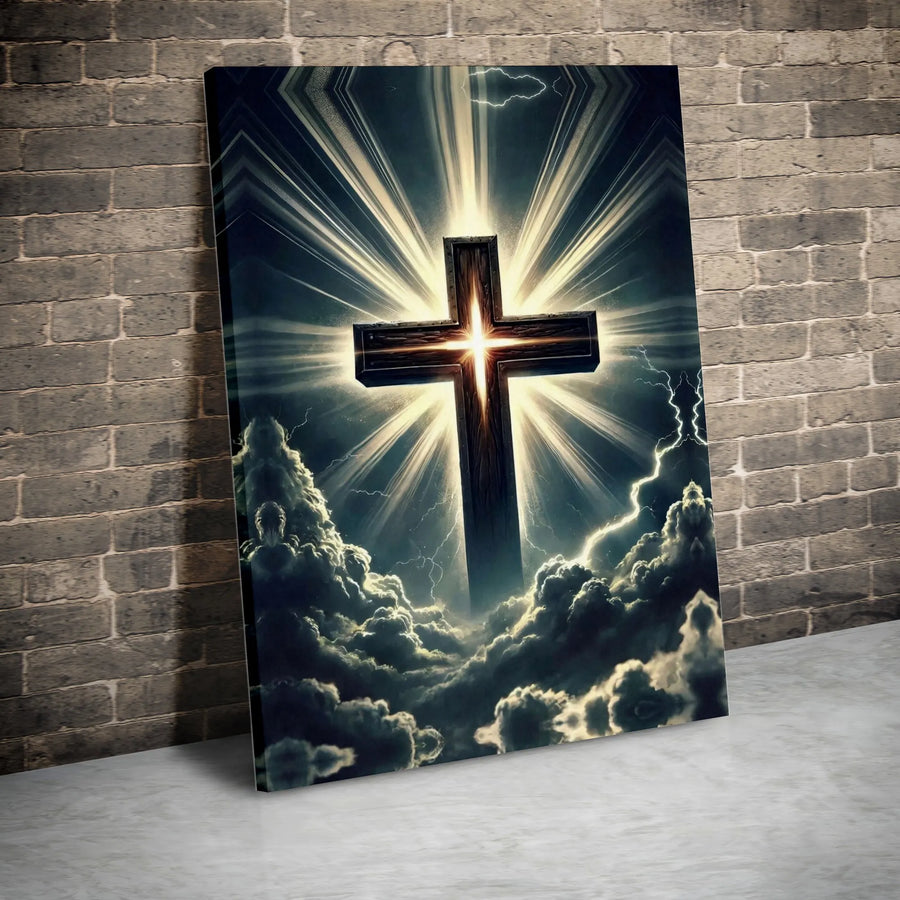 Christian Cross Wall Art | Glowing Rays of Light in Stormy Sky | Premium Thick Canvas Print | Inspirational Faith-Based Gift for Home Decor