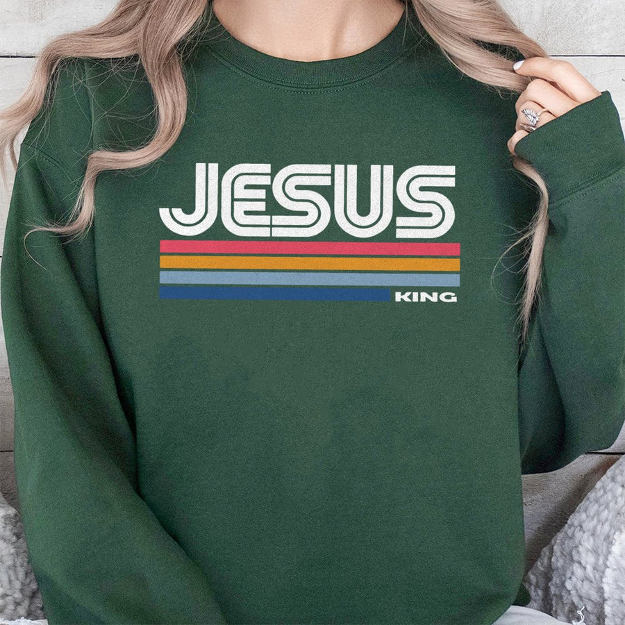 Jesus King Sweatshirt | Retro 70s Striped Christian Graphic | Premium Cotton Blend | Faith-Based Religious Apparel Gift for Men and Women
