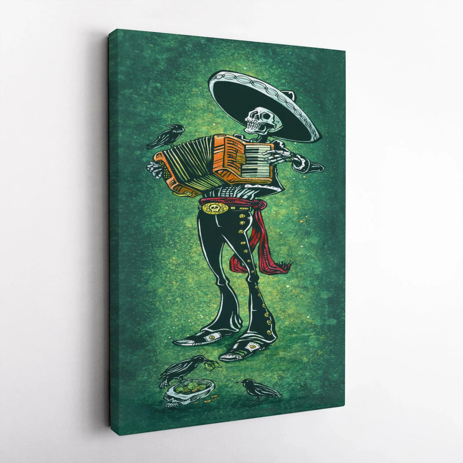 Mariachi Skeleton Canvas Wall Art | Dia De Los Muertos Accordion Player Print | Gallery Quality Thick Canvas | Unique Mexican Folk Art Home Decor Gift