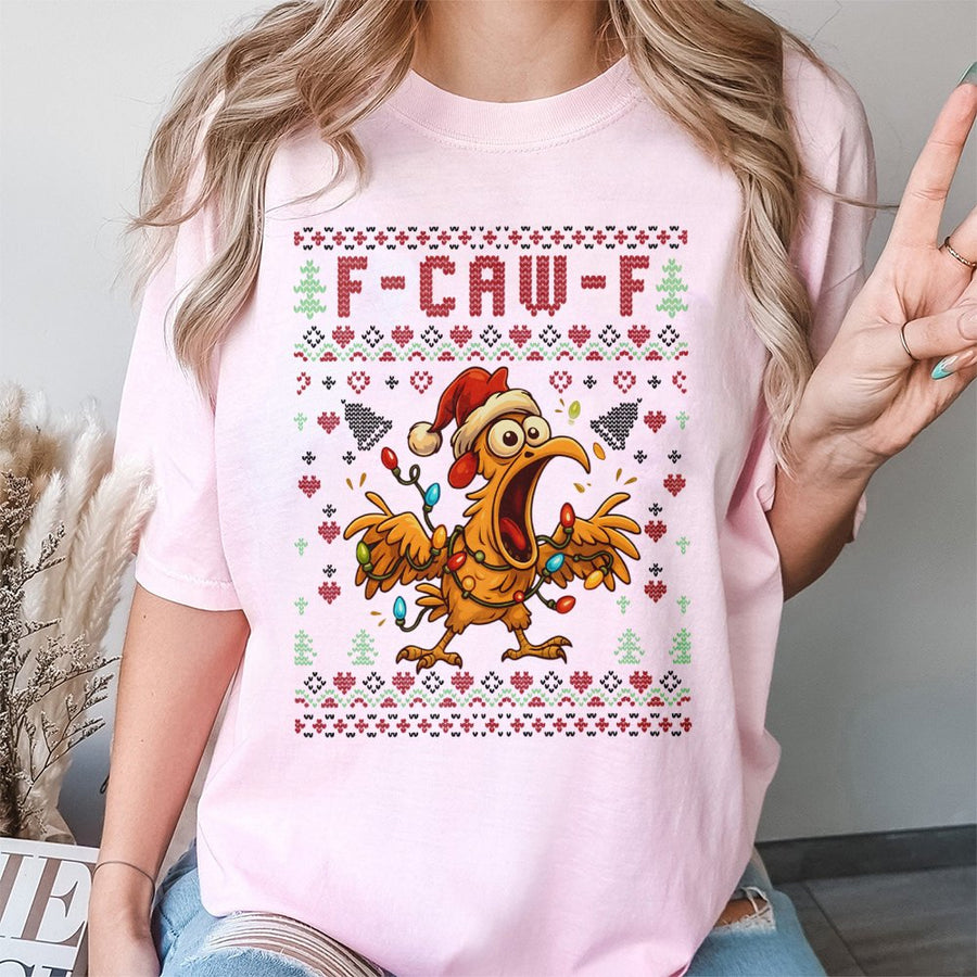 F-Caw-F Ugly Christmas T-Shirt | Funny Chicken Holiday Graphic Design | 100% Soft Cotton Premium Tee | Humorous Xmas Party Gift for Men and Women