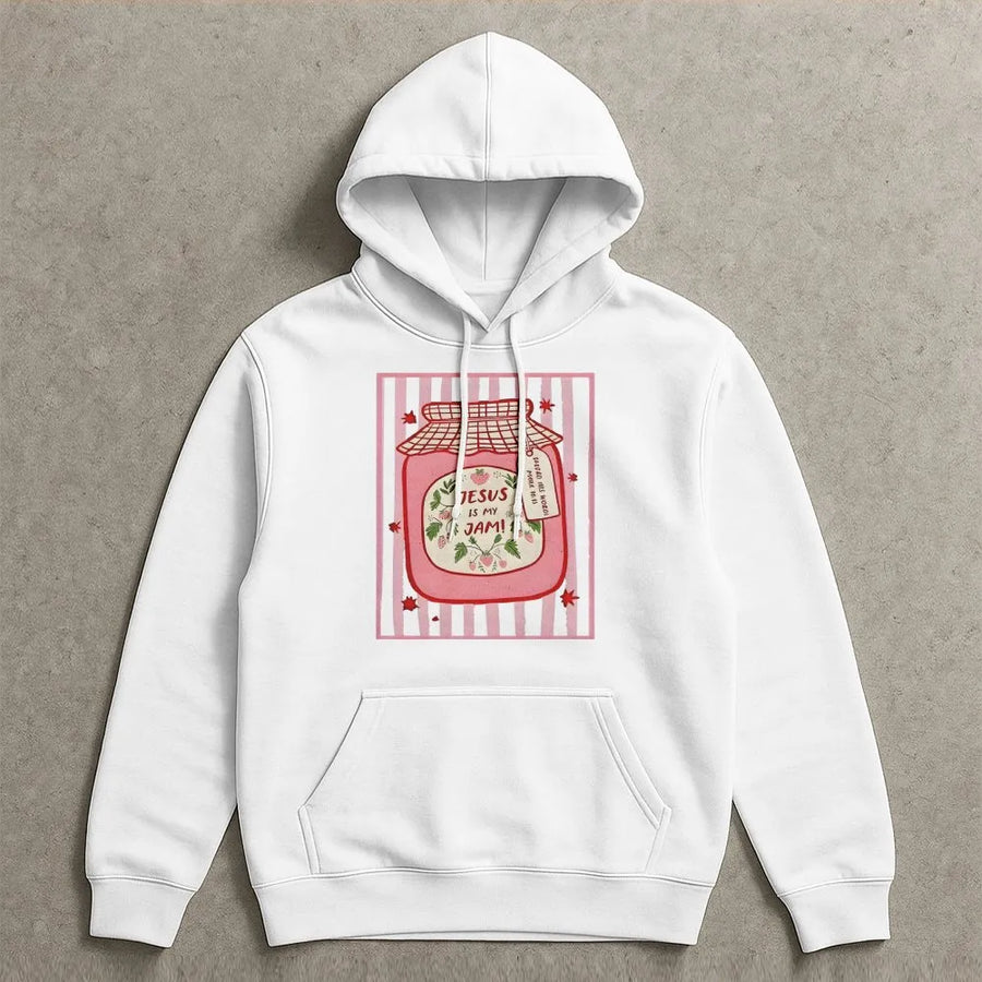 Jesus Is My Jam Hoodie | Cute Strawberry Jam Jar Graphic | Premium Cotton-Blend Sweatshirt | Trendy Christian Faith Gift for Women