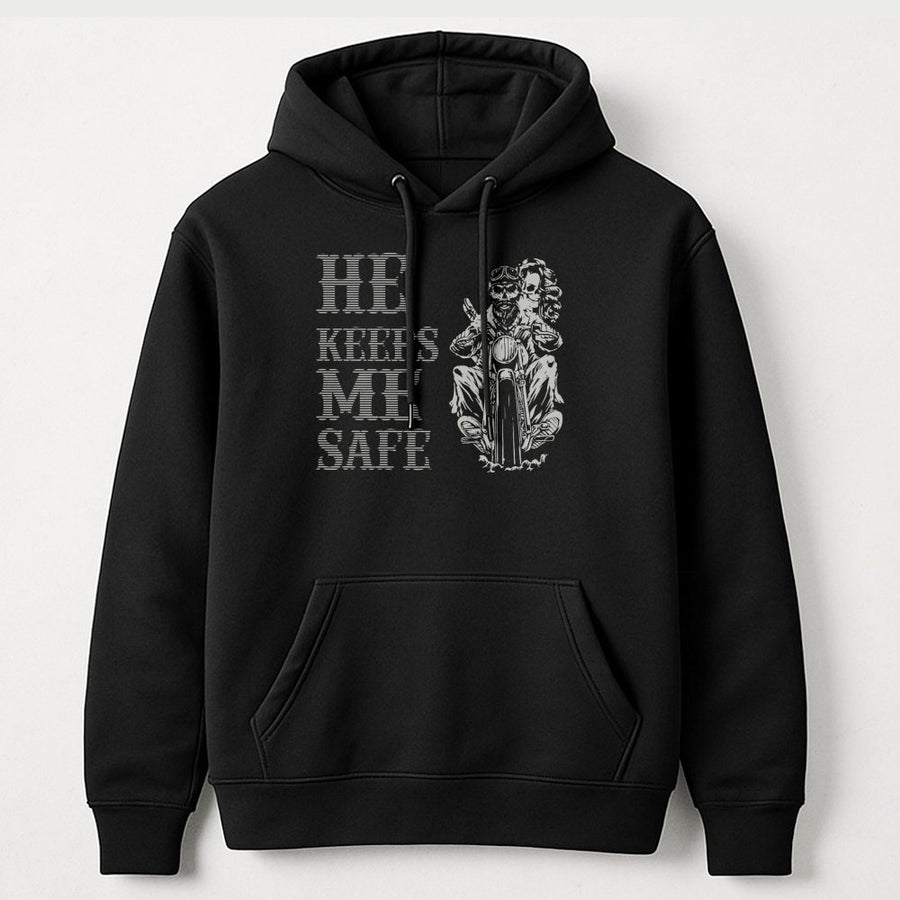 He Keeps Me Safe Biker Hoodie | Skeleton Rider Couple Graphic | Premium Cotton Blend | Gift For Biker Girlfriend And Motorcycle Lovers