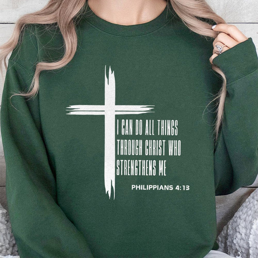 Philippians 4:13 Sweatshirt | I Can Do All Things Through Christ Cross Design | Premium Cotton Blend | Christian Gift for Men and Women