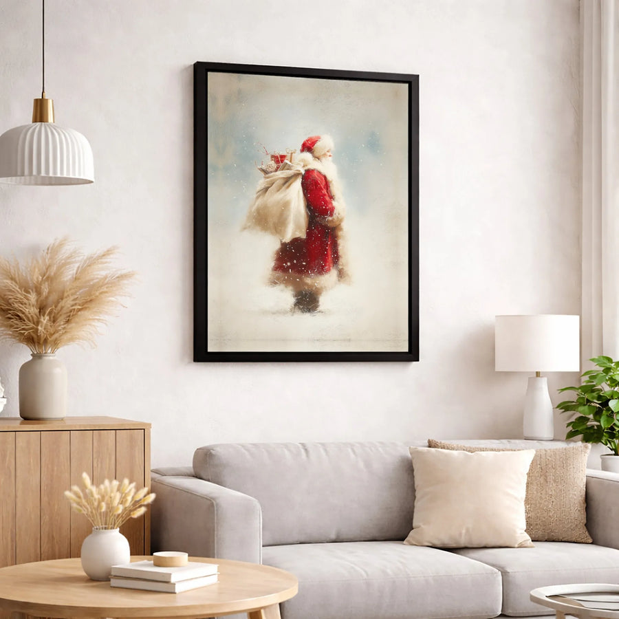 Vintage Santa Claus Wall Art | Nostalgic Christmas Painting in Snow | Premium Gallery Wrapped Canvas | Holiday Decor for Home and Office
