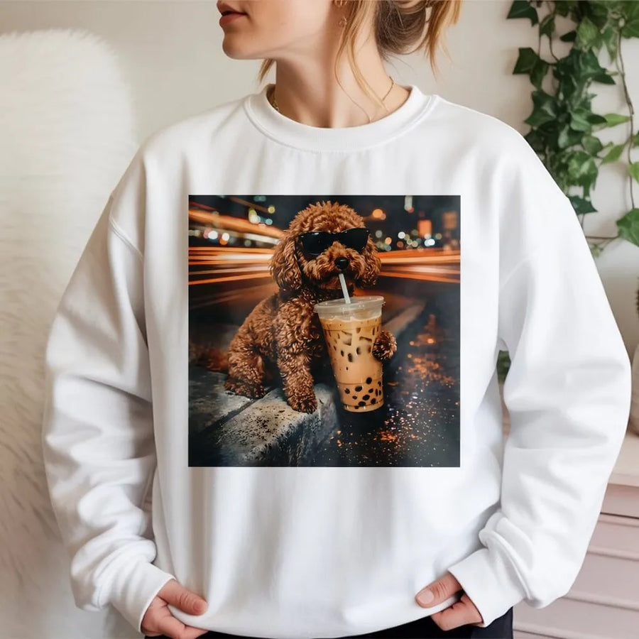 Funny Dog Sweatshirt | Poodle with Sunglasses Drinking Boba Tea Graphic | Premium Cotton Blend | Gift for Dog Lovers and Coffee Fans