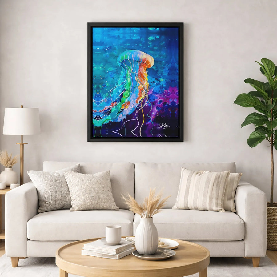 Jellyfish Wall Art Canvas | Vibrant Neon Ocean Marine Life Print | 1.25-Inch Gallery Wrap | Coastal Home Decor Gift for Sea Life Lovers