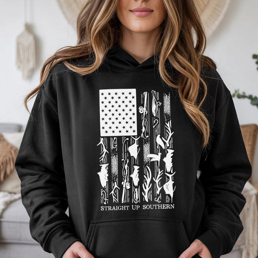 American Flag Fishing Hoodie | Outdoors Hunting & Fishing Graphic Print | Premium Cotton Blend | Patriotic Gift for Men & Women