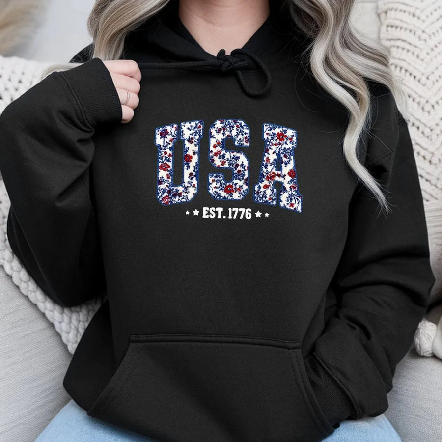 Patriotic USA Floral Shirt | Vintage Faux Patchwork Design | Comfort Colors EST 1776 Tee | Fourth of July Gift for Her