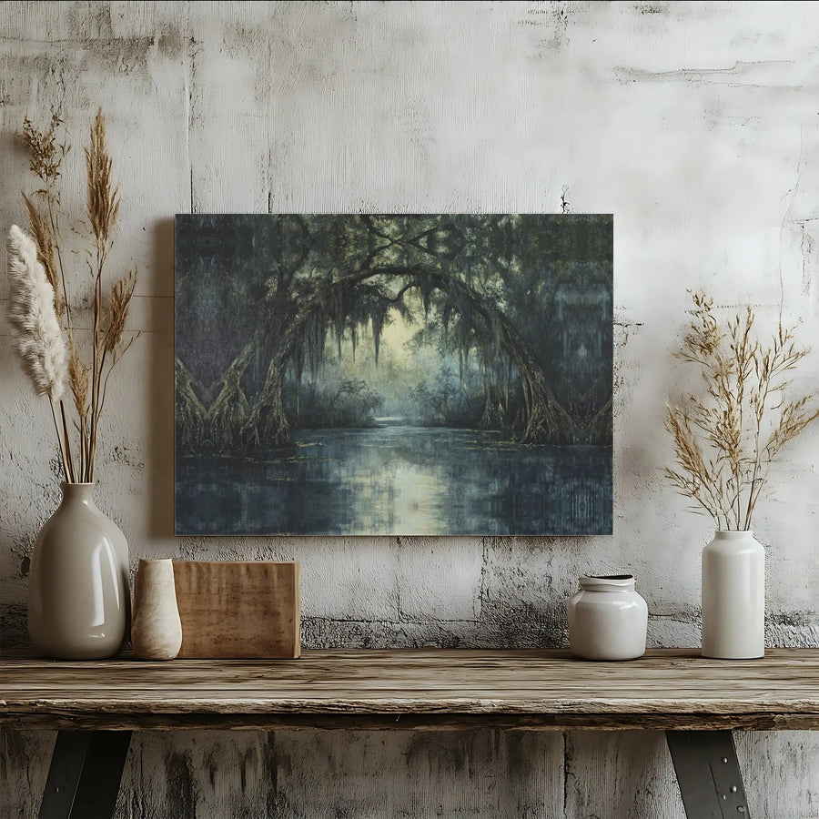 Moody Swamp Landscape Canvas | Atmospheric Cypress Trees and Spanish Moss Wall Art | Premium Gallery Wrap Print | Nature-Inspired Home Decor Gift