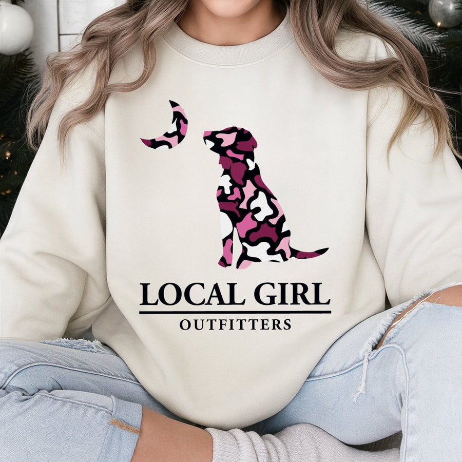 Dog Lover Sweatshirt | Pink Camo Moon Graphic Print | Soft Cotton Blend Unisex Pullover | Premium Gift for Dog Moms and Animal Lovers