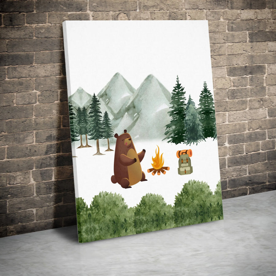 Camping Bear Canvas Wall Art | Watercolor Forest & Mountain Scene | Premium Gallery Wrapped Print | Gift for Kids Room & Nursery Decor