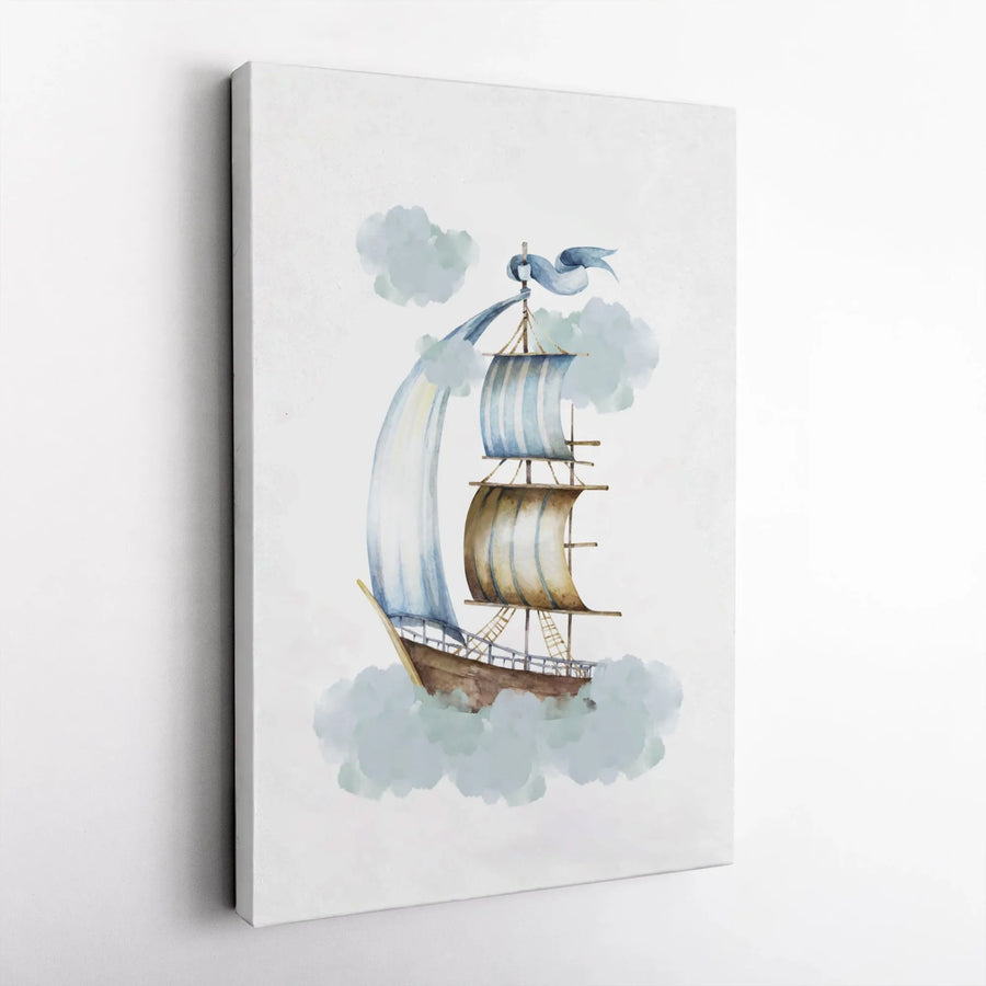 Watercolor Flying Ship Canvas Print | Dreamy Nautical Cloud Wall Art | Premium 1.25" Gallery Wrap | Whimsical Nursery or Office Decor