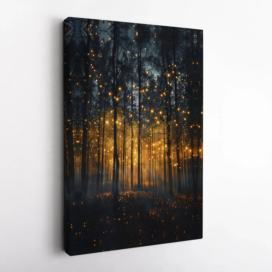 Enchanted Forest Canvas Wall Art | Glowing Golden Firefly Forest Print | 1.25 Inch Gallery Wrap | Magical Nature Decor for Home and Office