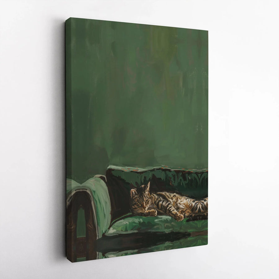 Tabby Cat On Green Couch Canvas Art | Moody Impressionist Style Wall Decor | Premium 1.25-Inch Gallery Wrap | Cozy Home Office Gift For Cat Lovers