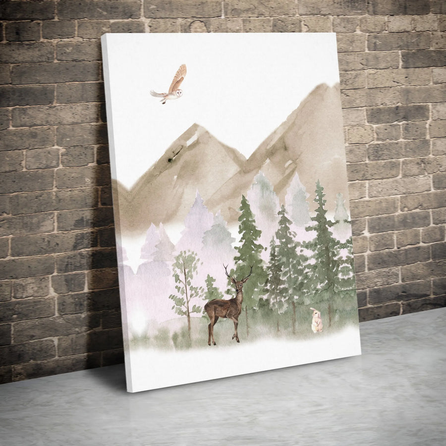 Watercolor Woodland Animal Canvas Wall Art | Deer Owl Rabbit Forest Scene | Premium Gallery Wrap Print | Nursery Decor & Nature Lover Gift