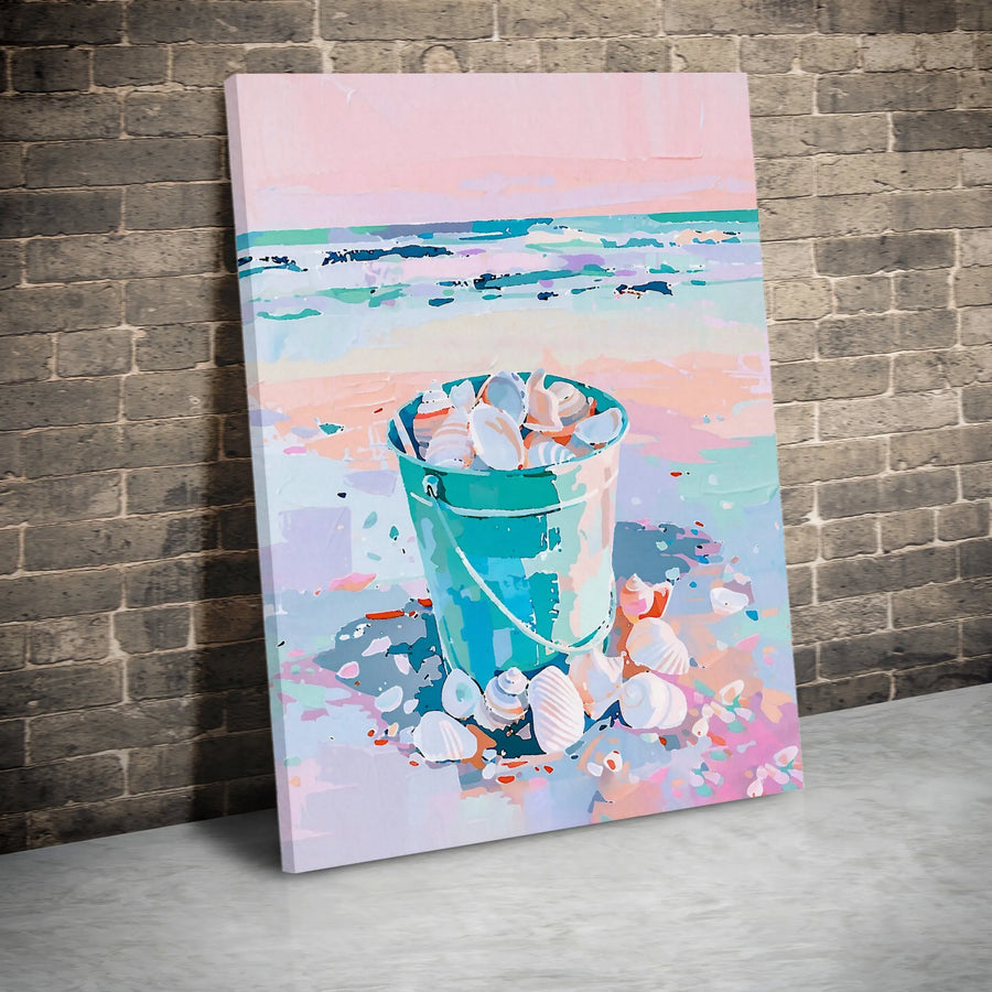 Seashell Bucket Canvas Art | Coastal Beach Painting Wall Decor | Premium 1.25-Inch Gallery Wrap | Summer Nautical Gift for Home Office