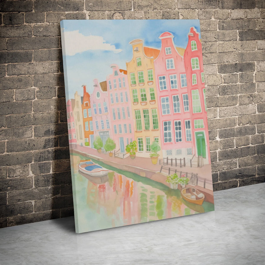 Amsterdam Canal House Canvas Art | Watercolor European Townscape Print | Premium 1.25-Inch Gallery Wrap | Travel Inspired Home Decor Gift