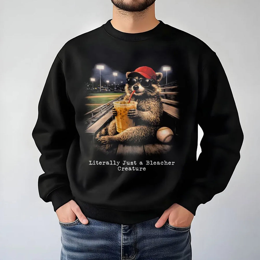Raccoon Baseball Sweatshirt | Funny Bleacher Creature Graphic | Soft Cotton-Blend Crewneck | Coffee Lover Gift For Baseball Fans