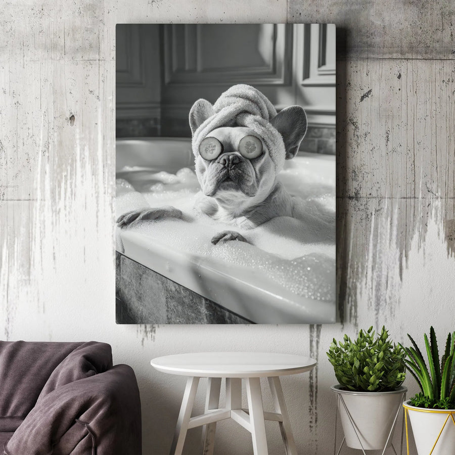 French Bulldog Canvas Wall Art | Funny Dog Spa Bath Print | Premium Gallery Wrapped Decor | Unique Animal Lover Home Gift