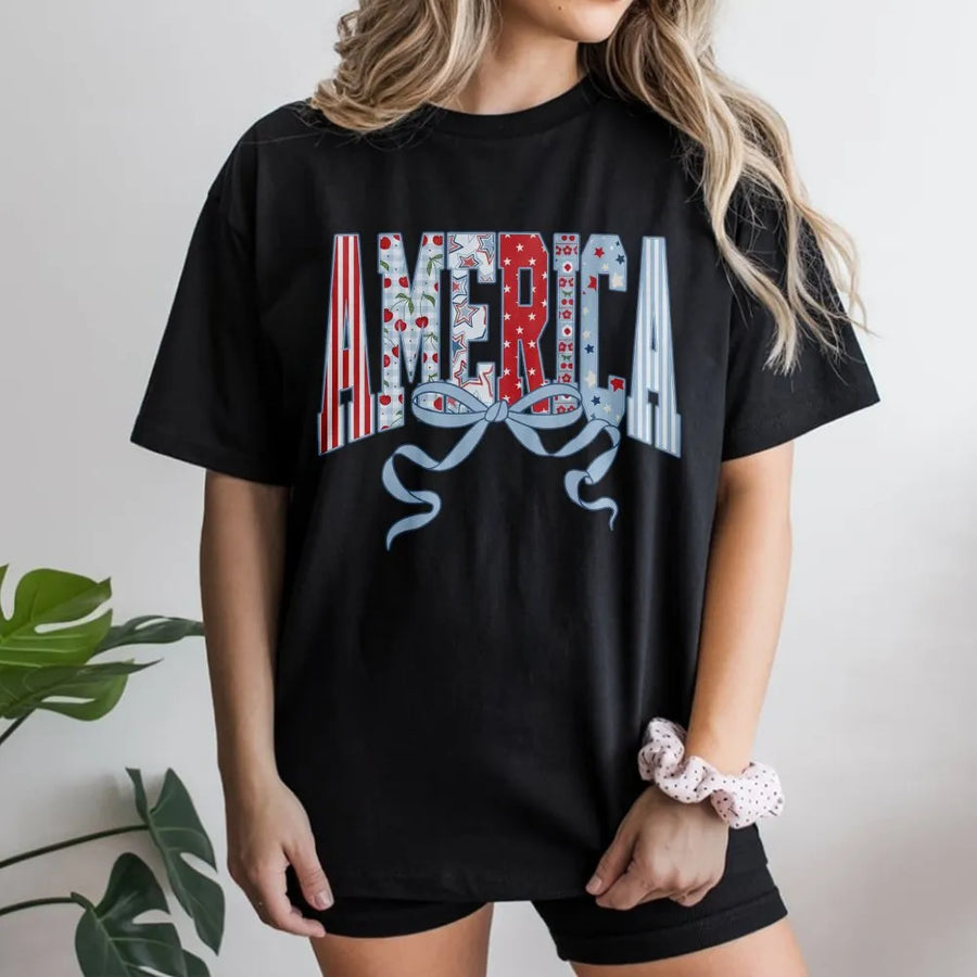 Coquette America T-Shirt | Retro USA Flag Bow Graphic | Soft Cotton Blend Sweatshirt | Patriotic 4th of July Gift for Women