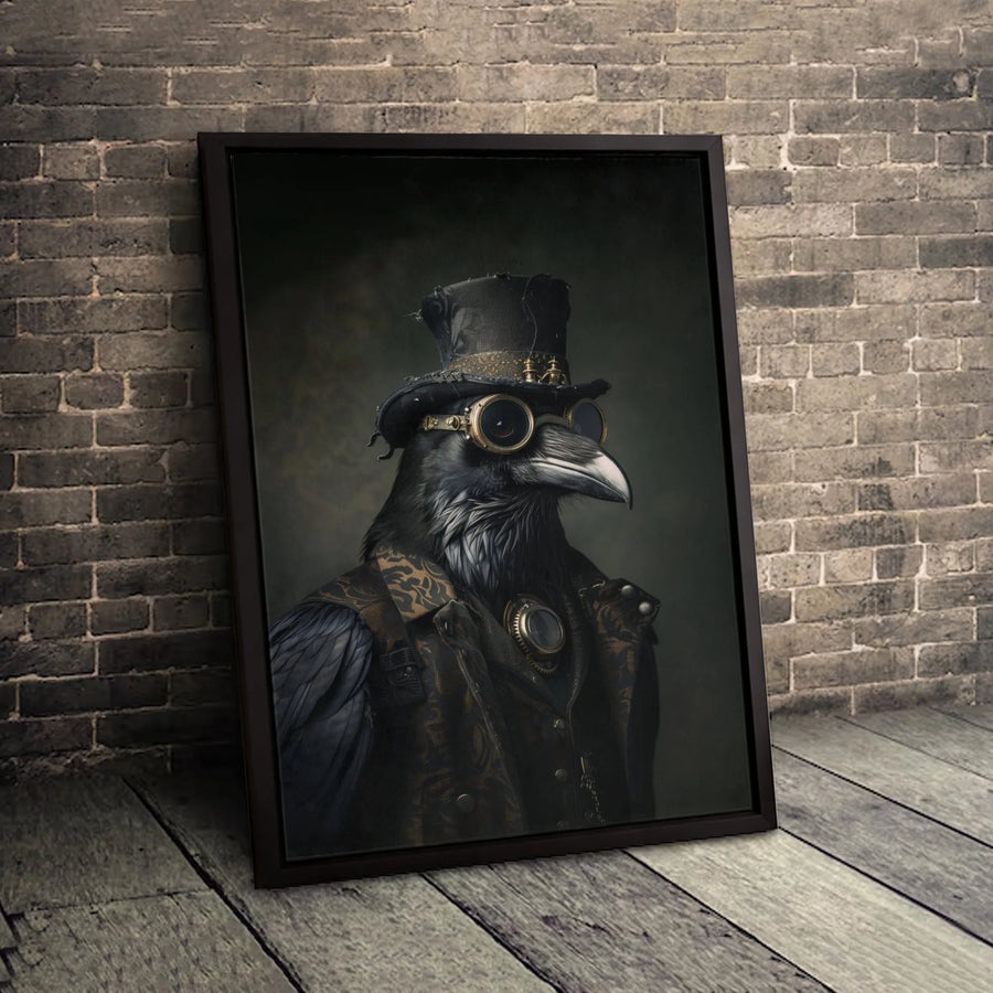 Steampunk Raven Wall Art | Victorian Crow Portrait with Top Hat and Goggles | Premium Gallery Wrapped Canvas | Dark Academia Home Decor Gift