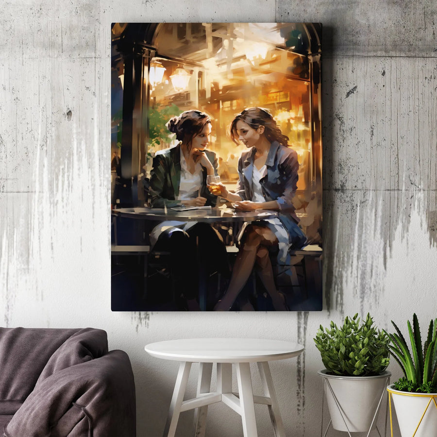Parisian Cafe Scene Canvas Art | Two Women Talking Evening Painting | Premium Gallery Wrap Print | Modern Home Decor Gift