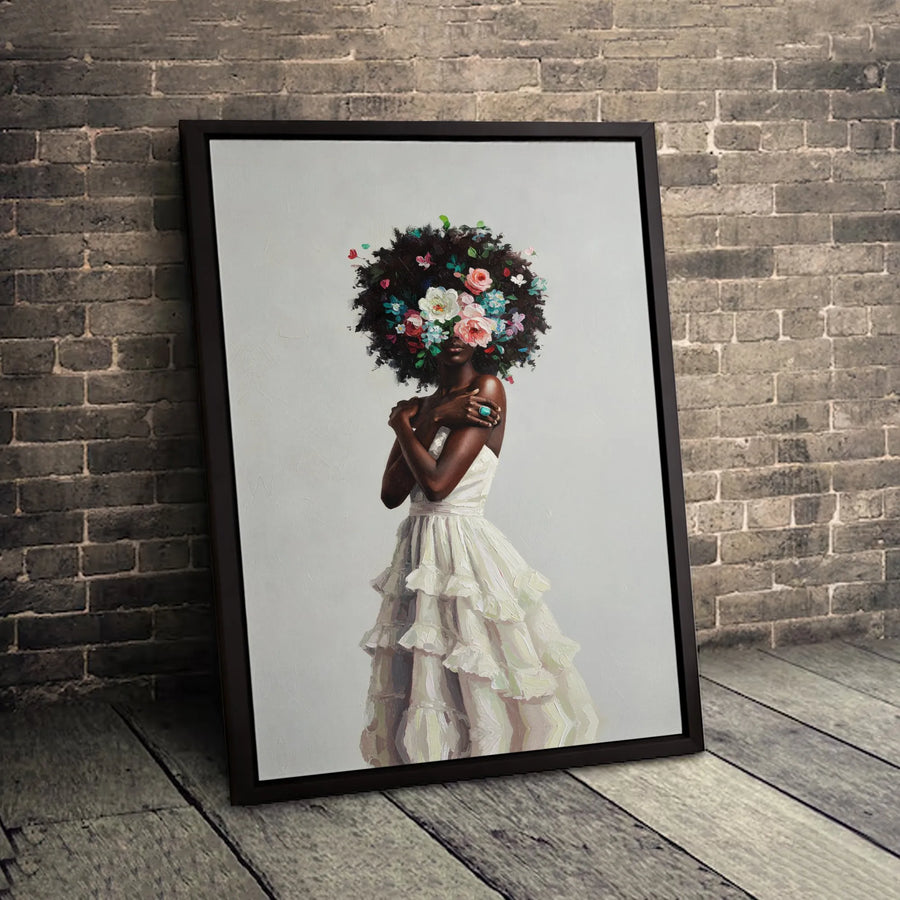 Black Woman Floral Afro Canvas Art | Elegant Portrait in Ruffled White Dress | Premium 1.25" Gallery Wrap | Modern African American Home Decor
