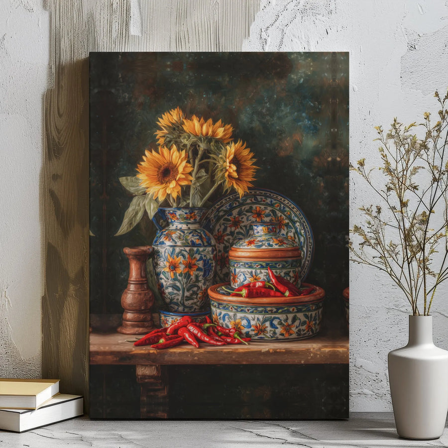 Still Life Sunflower Canvas Wall Art | Mediterranean Kitchen Decor | Premium Gallery Wrap Print | Rustic Dining Room Art Gift