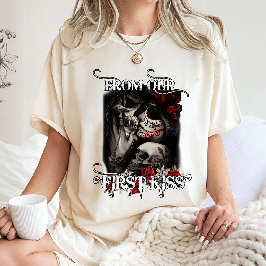 Skull and Rose Couple T-Shirt | Gothic Romantic Sugar Skull Design | 100% Premium Cotton Tee | Unique Valentine Gift for Him and Her