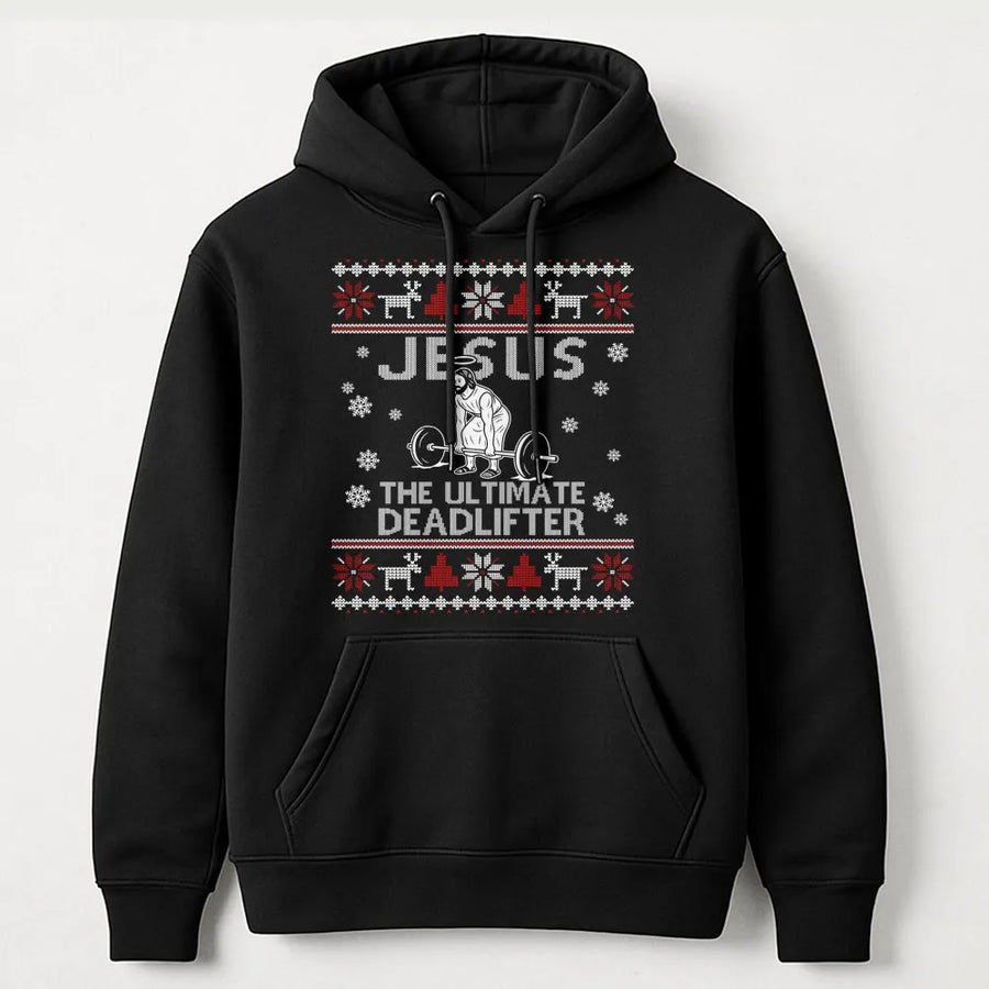 Jesus Deadlift Ugly Christmas Hoodie | Funny Gym Weightlifting Design | Premium Soft Fleece Pullover | Religious Fitness Gift for Men Women