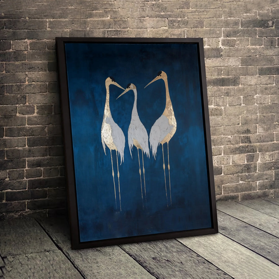 Gold Crane Wall Art | Minimalist Indigo Bird Canvas Print | Premium Gallery Wrapped Decor | Modern Living Room Gift