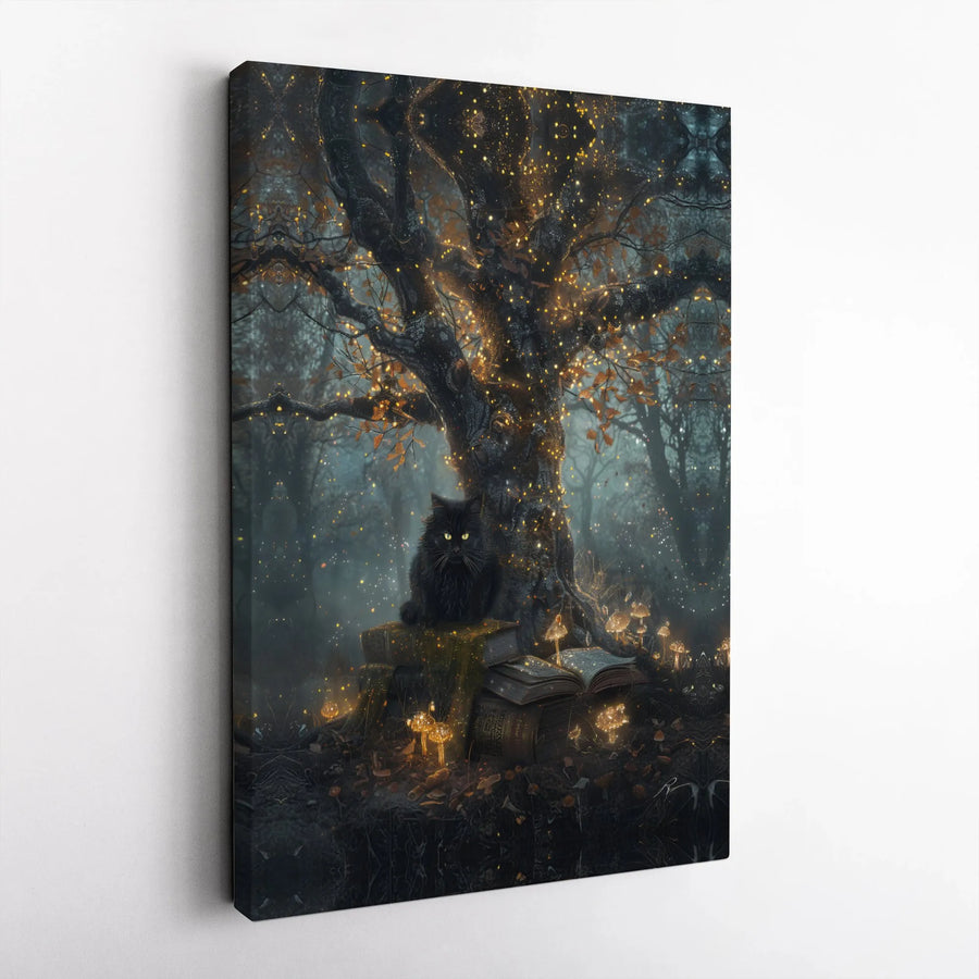 Magical Black Cat Wall Art | Enchanted Forest Book Nook Canvas | Premium Fade-Resistant Print | Whimsical Home Decor Gift