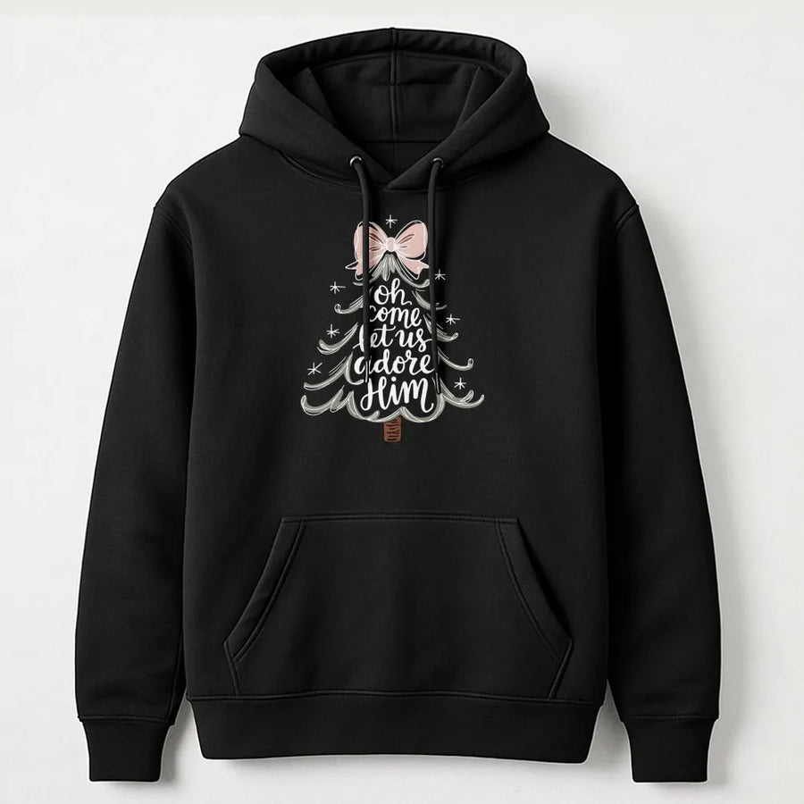 Oh Come Let Us Adore Him Hoodie | Christmas Tree Religious Design | Soft Cotton Blend | Christian Faith Holiday Gift for Women and Men