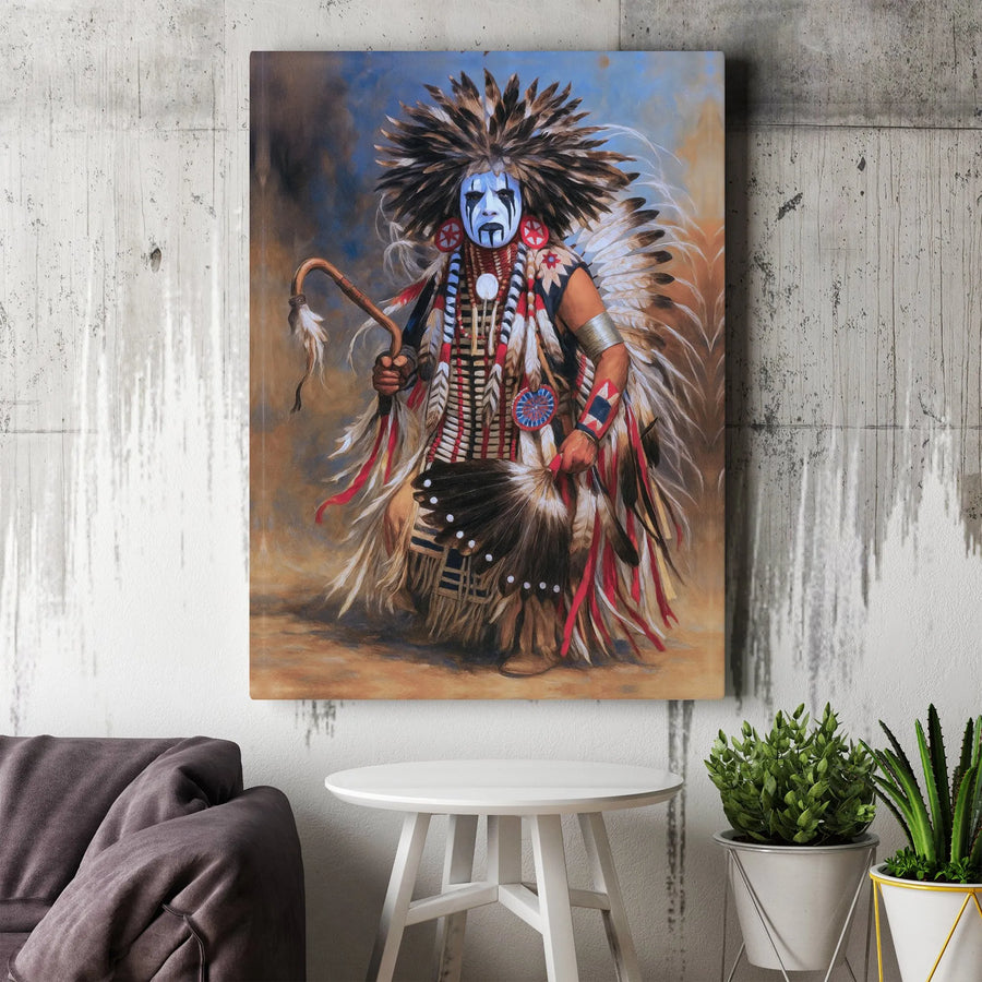 Native American Warrior Canvas Wall Art | Traditional Feather Headdress Portrait | Premium Fade-Resistant Gallery Print | Cultural Home Decor Gift