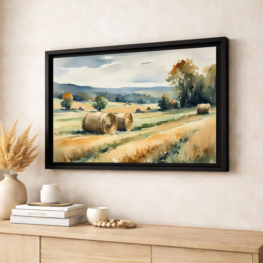 Farmhouse Landscape Canvas Print | Watercolor Hay Bales Art | Premium Gallery-Wrapped Wall Decor | Rustic Country Home Gift