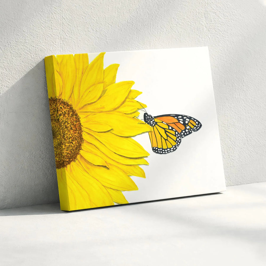 Monarch Butterfly and Sunflower Canvas Wall Art | Vibrant Botanical Illustration | Premium Gallery Wrap Print | Nature Lover Gift for Farmhouse Decor