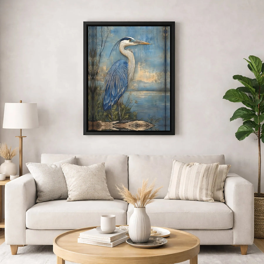 Great Blue Heron Wall Art | Coastal Bird Landscape Canvas Print | Premium Gallery Wrapped Decor | Nature Lover Gift Idea