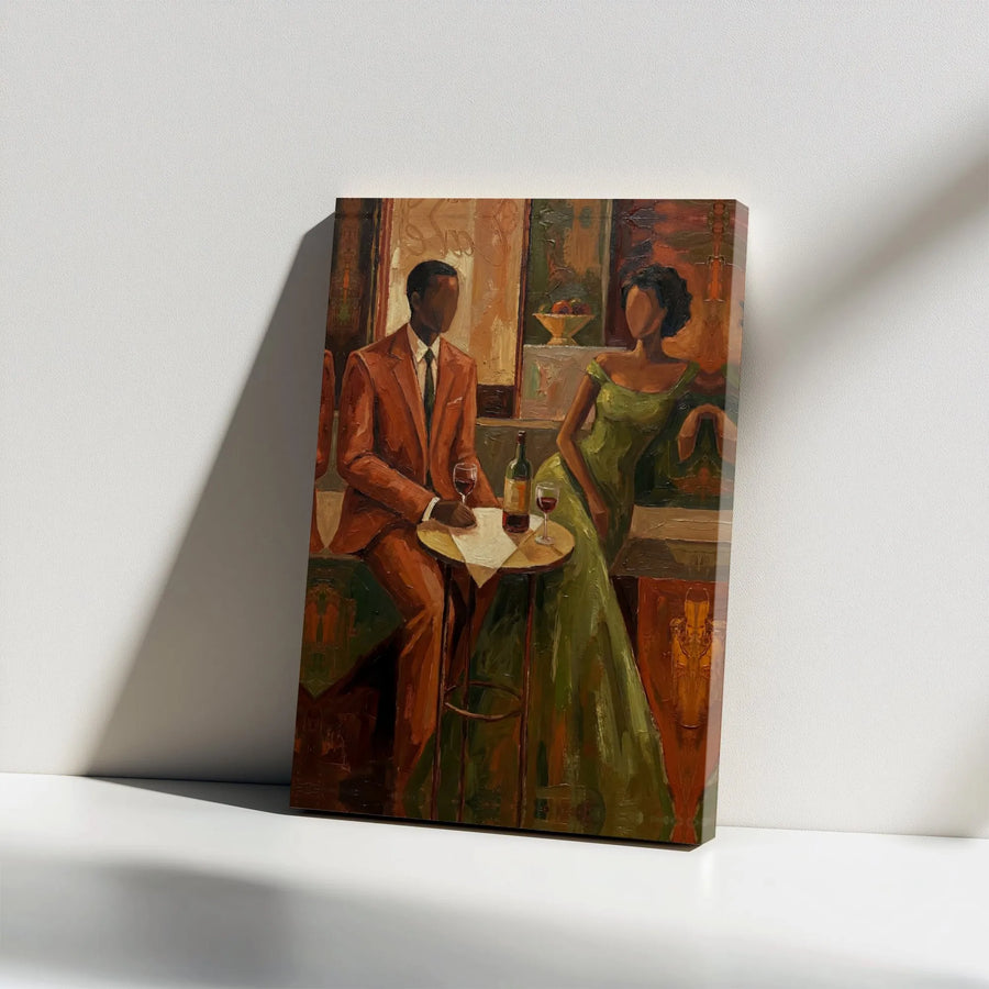 African American Couple Canvas Art | Romantic Wine Date Oil Painting Style | 1.25-Inch Gallery Wrap | Premium Black Love Home Decor Wall Art