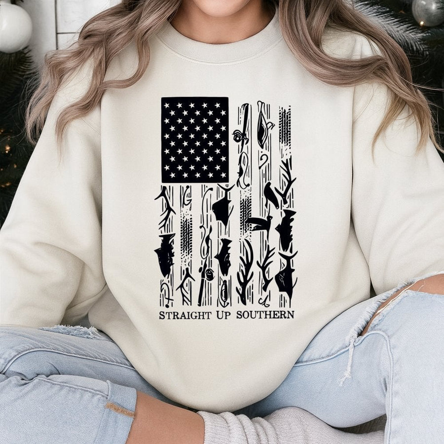 Fishing American Flag Sweatshirt | Patriotic Hunting Wildlife Graphic | Cotton Blend Unisex Pullover | Outdoor Gift For Outdoorsmen