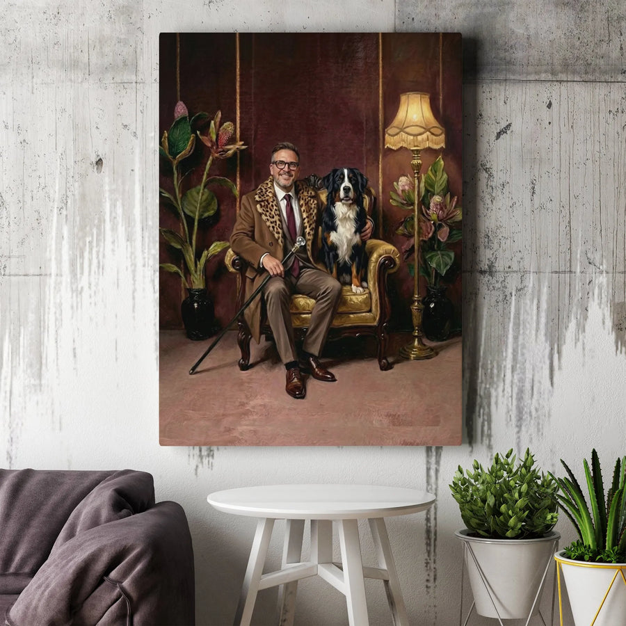 Bernese Mountain Dog and Gentleman Vertical Canvas | Whimsical Oil Painting Style Regal Wall Art | Premium 1.25" Gallery Wrap | Unique Gift for Pet Lovers