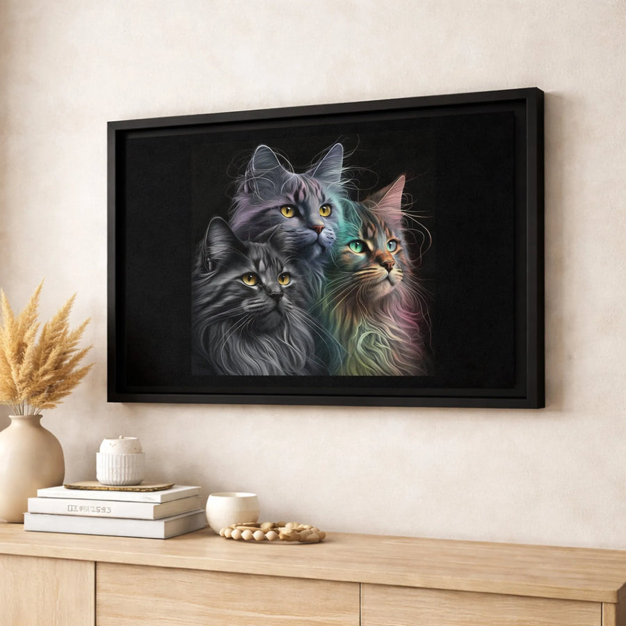 Three Cats Canvas Wall Art | Colorful Long Haired Feline Portrait | Premium Fade-Resistant Print | Elegant Home & Office Decor Gift