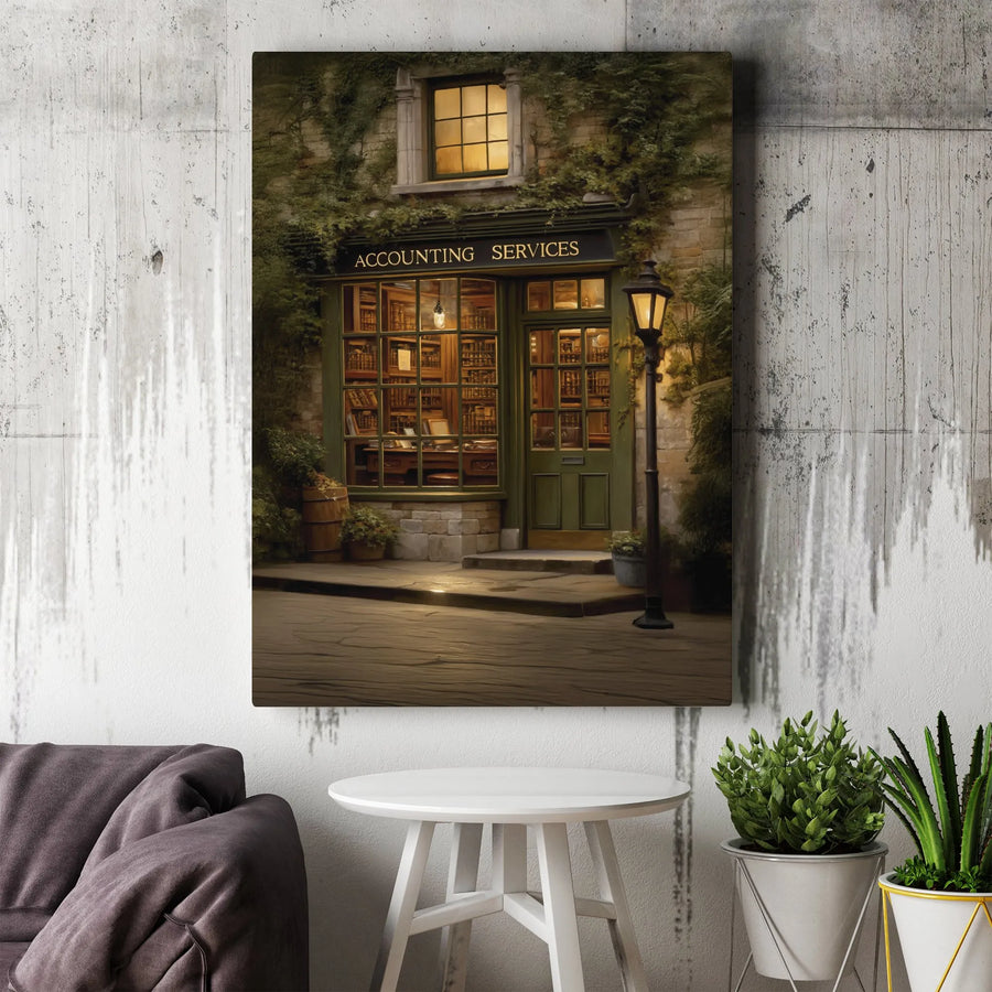 Accountant Office Wall Art | Vintage Accounting Services Storefront | Premium Gallery Wrapped Canvas | Gift for CPA Firm Decor