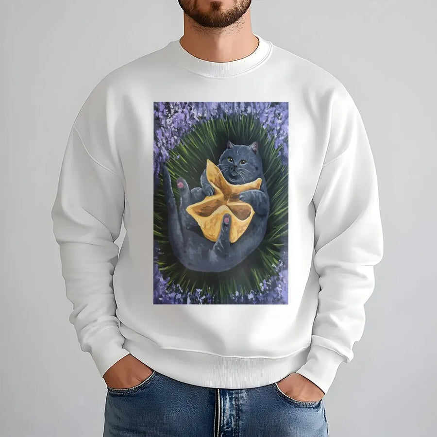 Crab Rangoon Cat Sweatshirt | Whimsical Grey Kitty In Lavender Design | Premium Cotton Blend Crewneck | Cute Foodie Animal Lover Gift