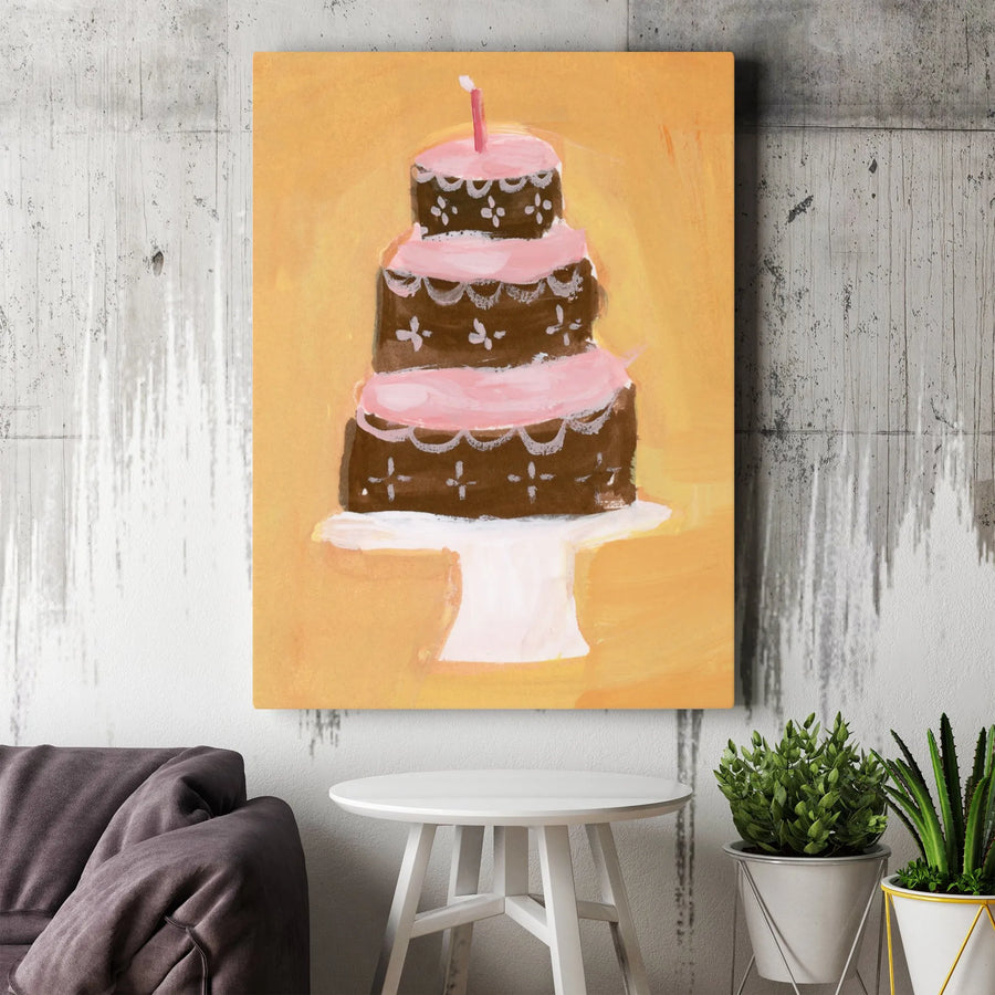 Birthday Cake Canvas Wall Art | Painterly Pink and Chocolate Cake | Premium 1.25" Thick Gallery Wrap | Bakery Decor or Kids Room Gift